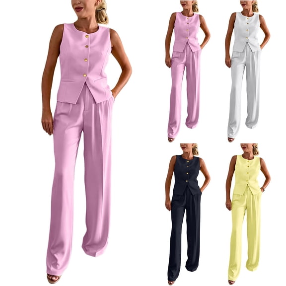 Purcolt Womens 2 Piece Pant Suit Summer Casual Crewneck Sleeveless Single Button Blazer Pleated High Waist Dress Pants Formal Business Work Office Matching Set