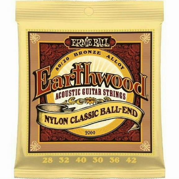 Ernie Ball Earthwood Folk Nylon, Clear & Gold Ball End, 80/20 Bronze Acoustic Guitar Strings - 28-42 Gauge