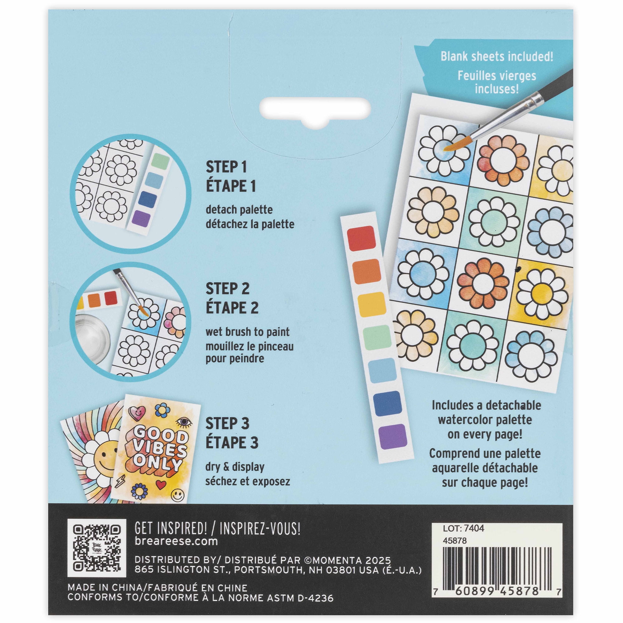 Vivid by Brea Reese: Watercolor Pad Kit - Rainbow - 8 Retro Groovy Themed Designs & 4 Blank Sheets, 12 Detachable Paint Palettes, Brush, Art Activity