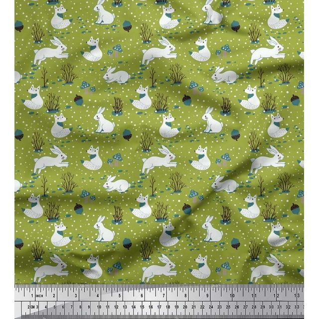 Soimoi Green Poly Georgette Fabric Mushroom,Oaknut & Rabbit Animal Printed Craft Fabric by The Yard 52 Inch Wide