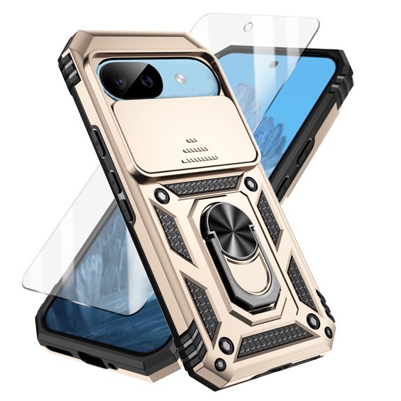 Allytechgroup Kickstand Case for Google Pixel 9A with Screen Protection, Military Grade Drop Protection Slide Camera Cover Heat Dissipation Stand Case Support Magnetic Car Mount, Gold