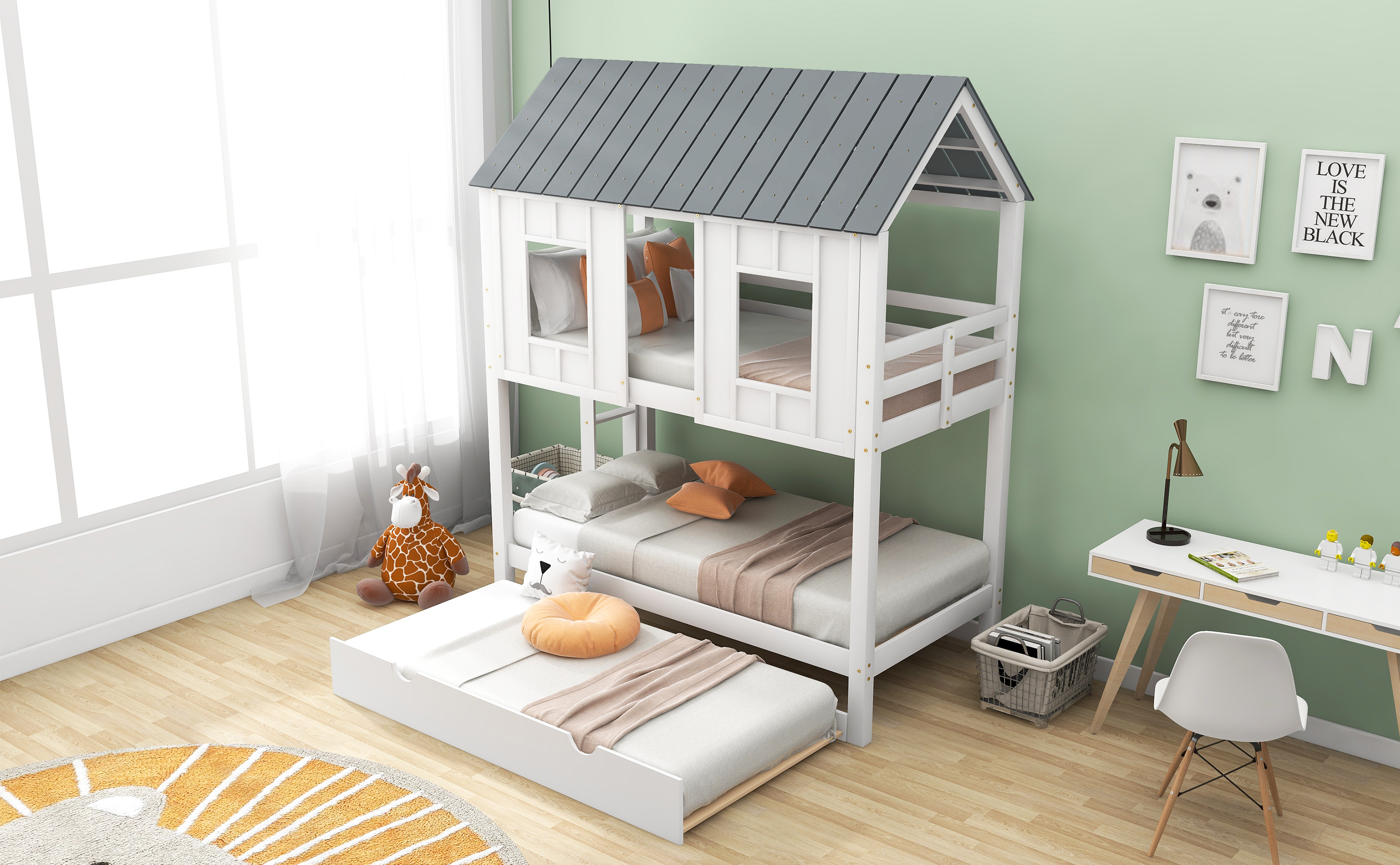 EUROCO Twin Size House Bunk Bed with Roof and Trundle for Kids Teens Bedroom, White