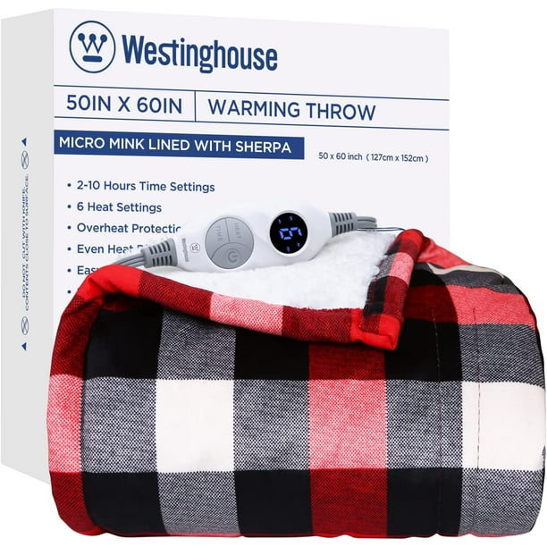Westinghouse Electric Blanket Heated Throw Blanket, Plaid Sherpa Heating Blanket, 6 Heating