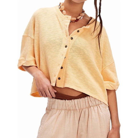 Women Y2K Button Front Crop Sweater Cardigan Solid Color Crew Neck Middle Sleeve Knit Tops Streetwear Yellow M