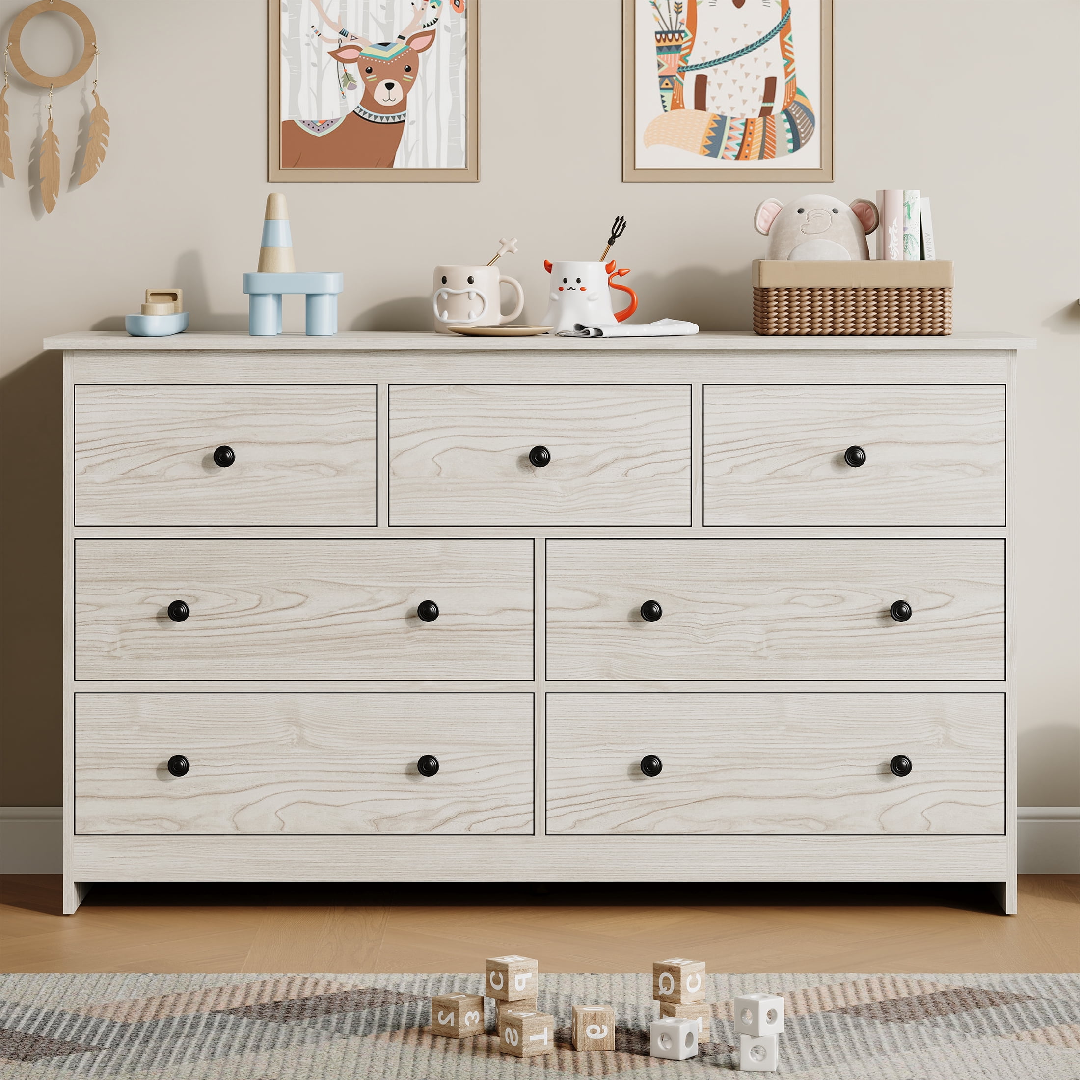 YouTrend 7 Drawer Dresser with Wood Grain, Modern Off-White/Beige Chests of Drawers Wood Adult Storage Cabinet for Bedroom Living Room Hallway