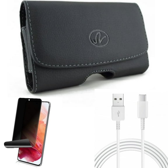 10ft USB-C Cable w Privacy Screen Protector w Case Belt Clip for Samsung Galaxy S21 Plus - Type-C Charger Cord, TPU Film Fingerprint Works, Leather Swivel Accessory Bundle