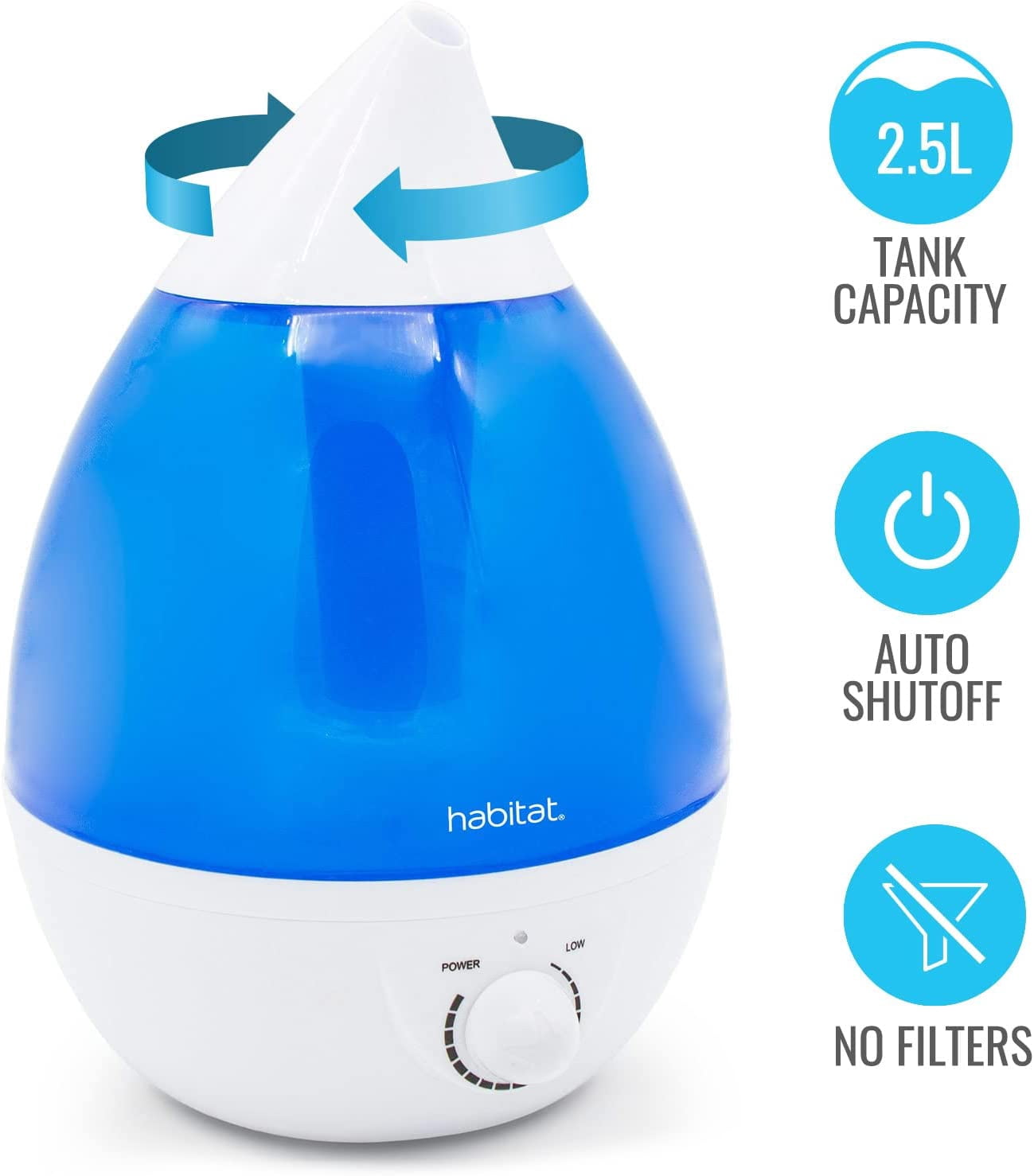 Habitat Cool Mist Ultrasonic Humidifier with Large 2.5L Tank, Whisper Quiet Humidifier with LED Light for Bedroom, 24 Hours of Continuous Mist, Blue