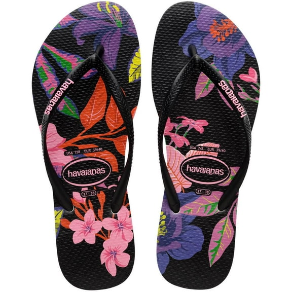 Havaianas Women's Slim Floral Colors Flip Flops - Spring and Summer Pool Sandals for Women, Black, 6