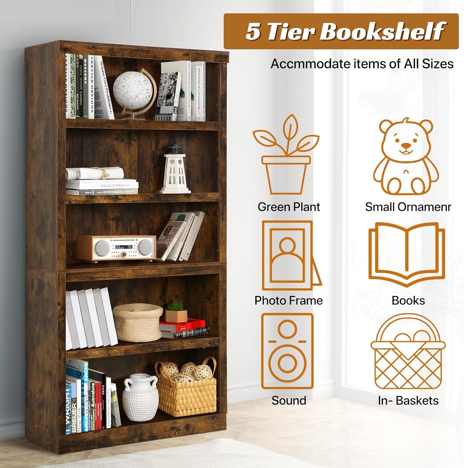 Dkelincs 5 Tier Wood Bookshelf 70" Tall Bookcase Storage Shelves Organizer for Living Room, Brown