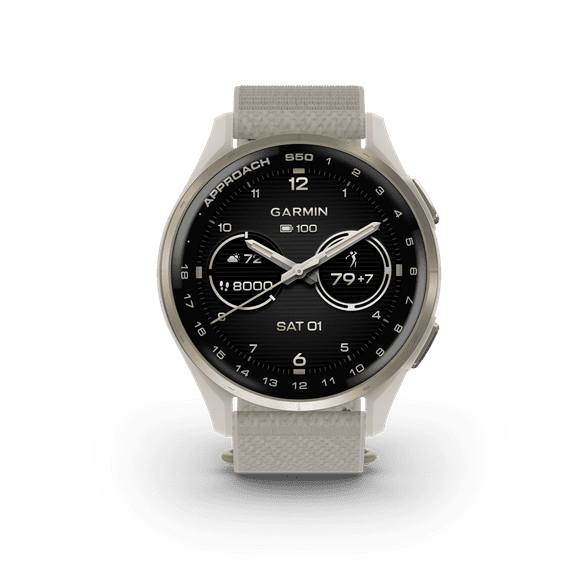 Garmin Approach S50 Amoled Golf Smartwatch - GPS, 43,000 Preloaded Courses | Cream Gold Aluminum Bezel with Ivory ComfortFit Nylon Band