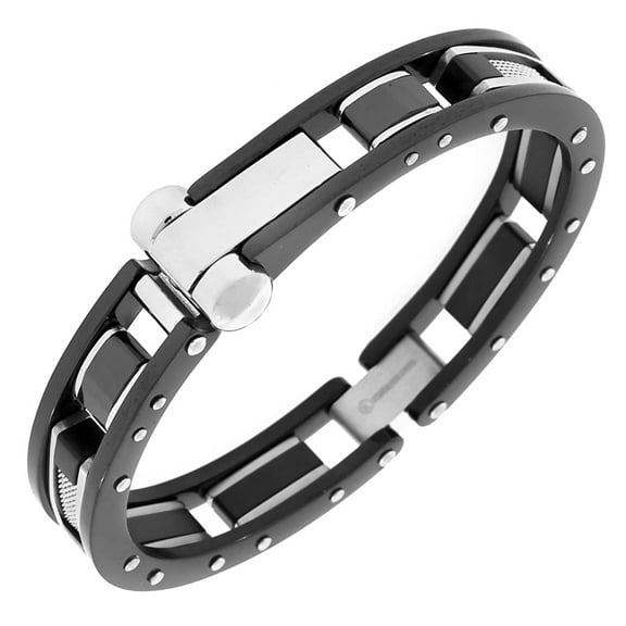 Stainless Steel Black Silver-Tone Mesh Handcuff Men's Bracelet