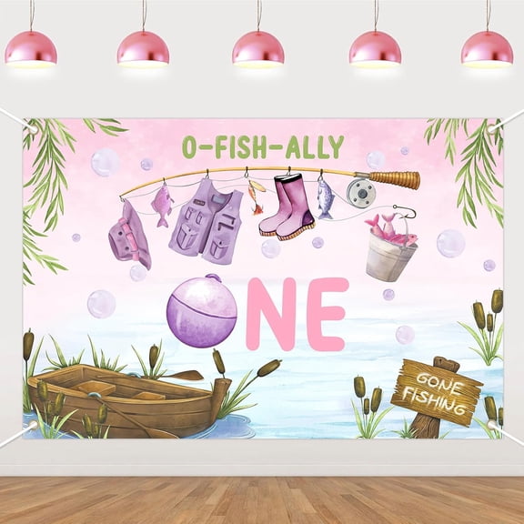 6x4FT Ofishally One Birthday Backdrop First Fishing Birthday Photography Background for Girls Gone Fishing 1st One Year Old Bday Party Decorations Banner Props Party Supplies