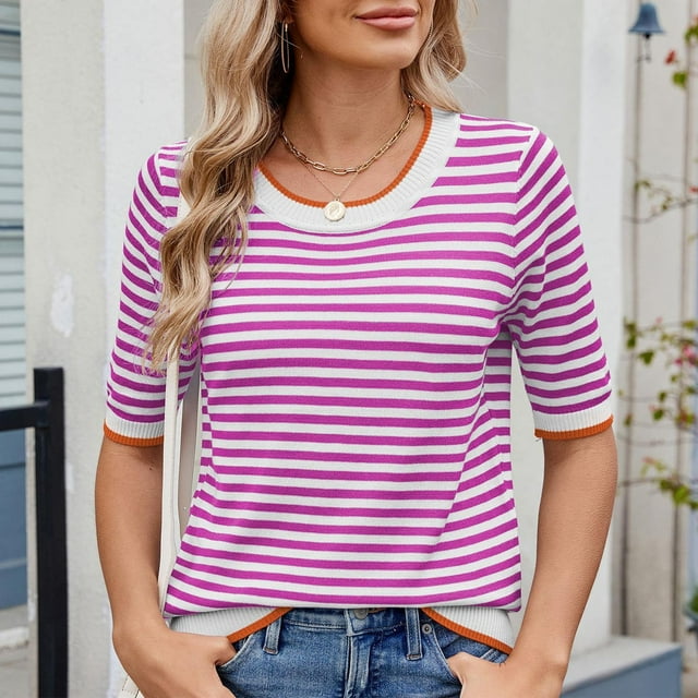 Lydiaunistar Hauts de Printemps pour Femmes Grande Taille Blouse à Manches Courtes Rayée, Chemise Décontractée à Col Rond, Nylon Spandex Extensible Léger Confortable pour Usage Quotidien Rose Vif