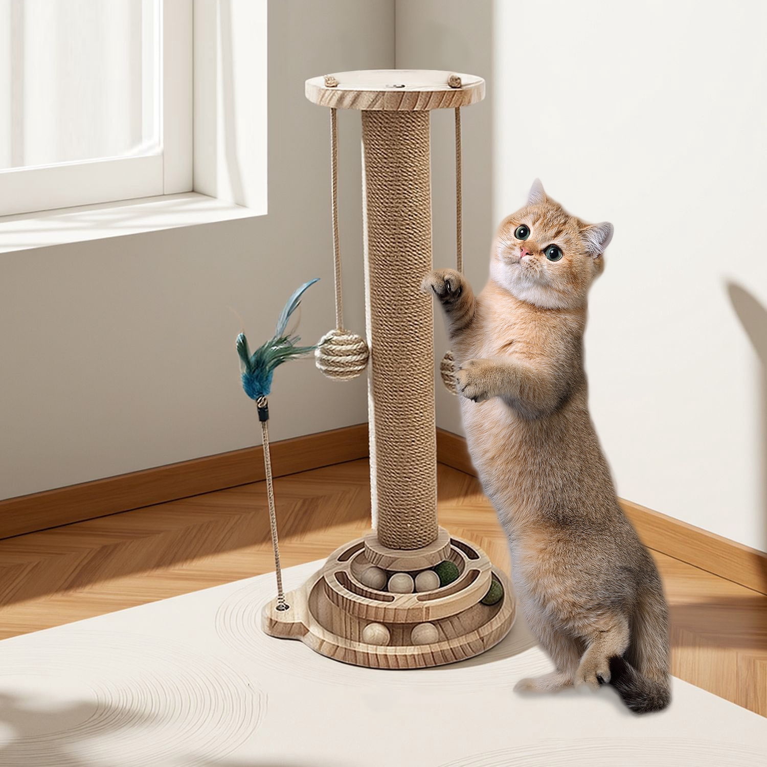 Cat Scratching Post, 1 Wooden Cat Scratcher Toy, Tall Scratch Post with 2 Level Cat Track Balls, Interactive Feather Toy and 2 Sisal Hanging Balls for Indoor Kittens, Adult Cats (49x30x30cm)