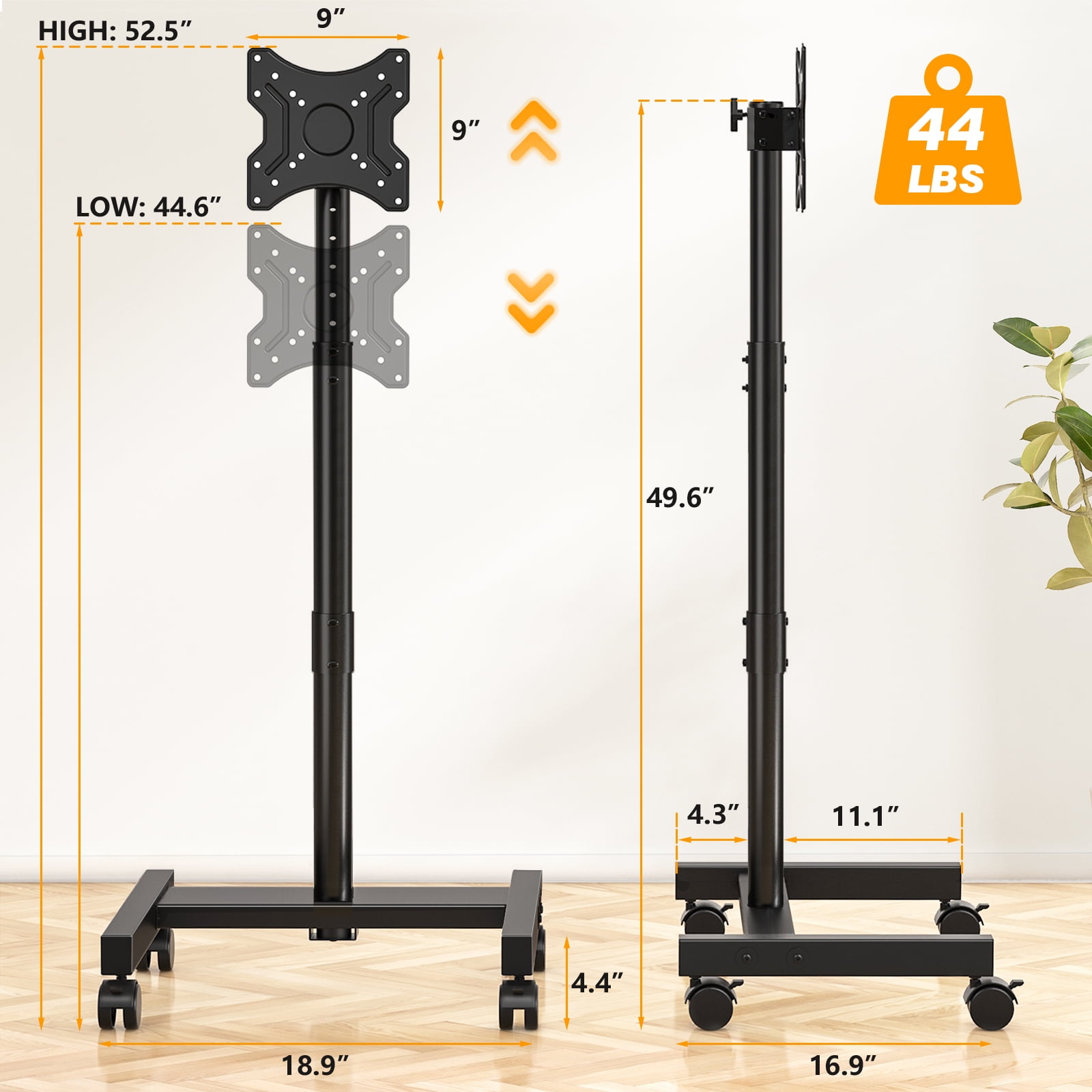 RTVR Floor Mobile TV Stand with Wheels for 13-50 inch Screens, Rolling TV Cart Stand with Mount, Portable Tilt Black