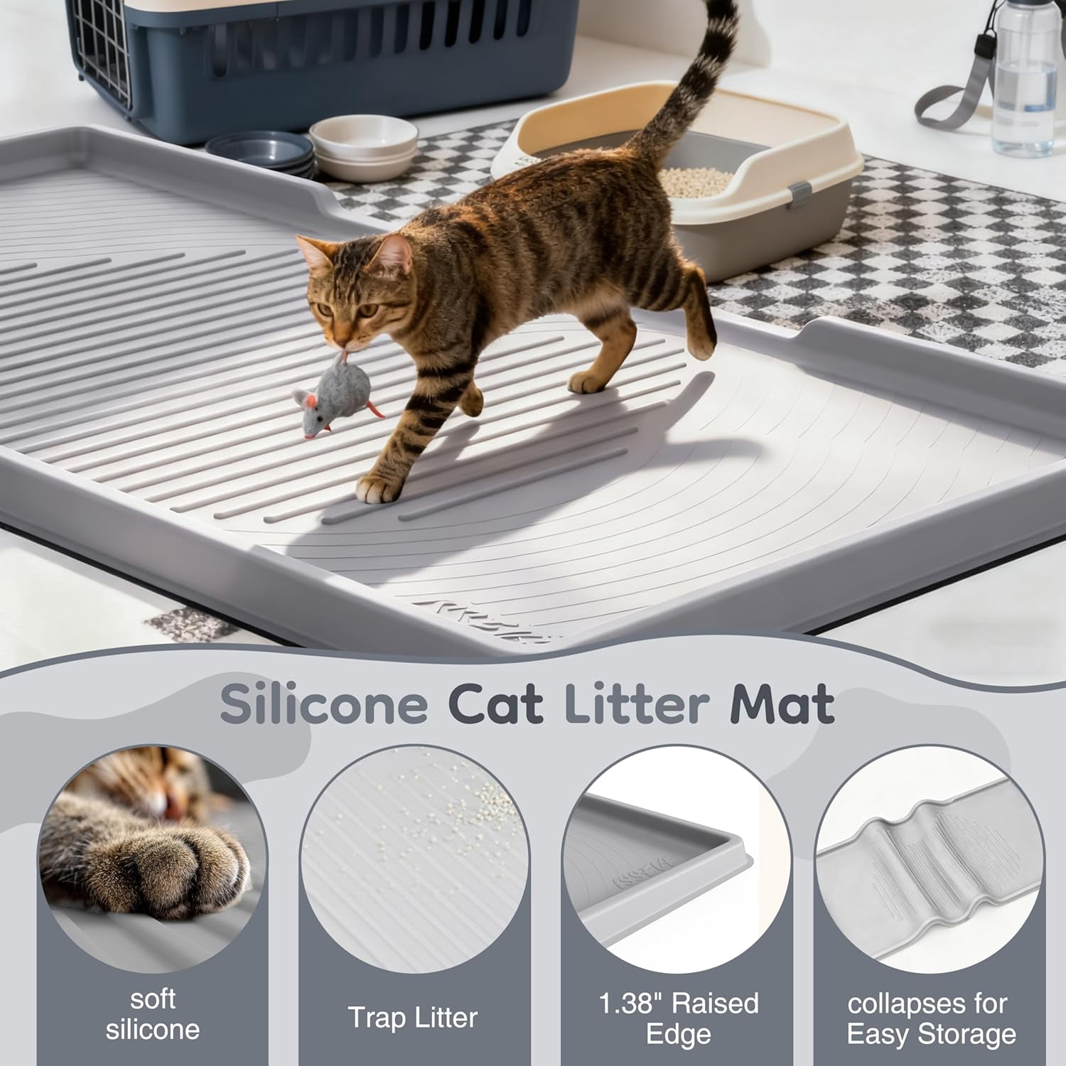 Cat Litter Mat 54" x 27.5" XXL, Extra Large Silicone Mat for Litter Box, 1.38" Raised Edge Urine Proof Litter Trapping Mat Pad for Scatter Control, Soft on Kitty Paws, Protect Floor (Grey)