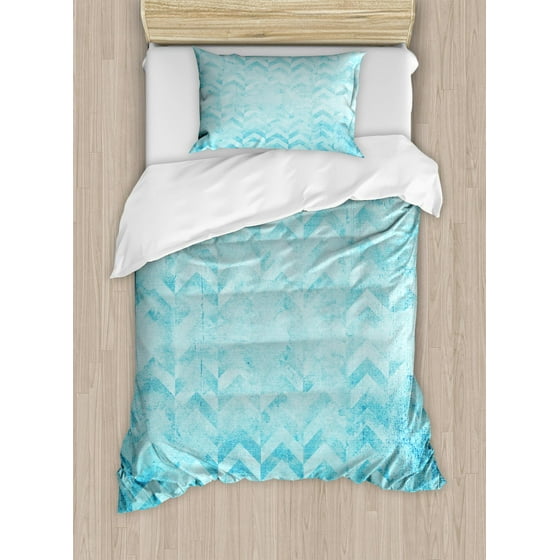 Turquoise Duvet Cover Set Geometric Design Chevron Patterns On Old Vintage Paper Contemporary Art Print Decorative Bedding With Pillow Shams
