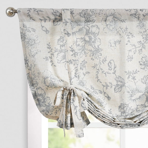 JINCHAN Cortina Visillo con Lazo y Volante en Lino Floral Gris 54"