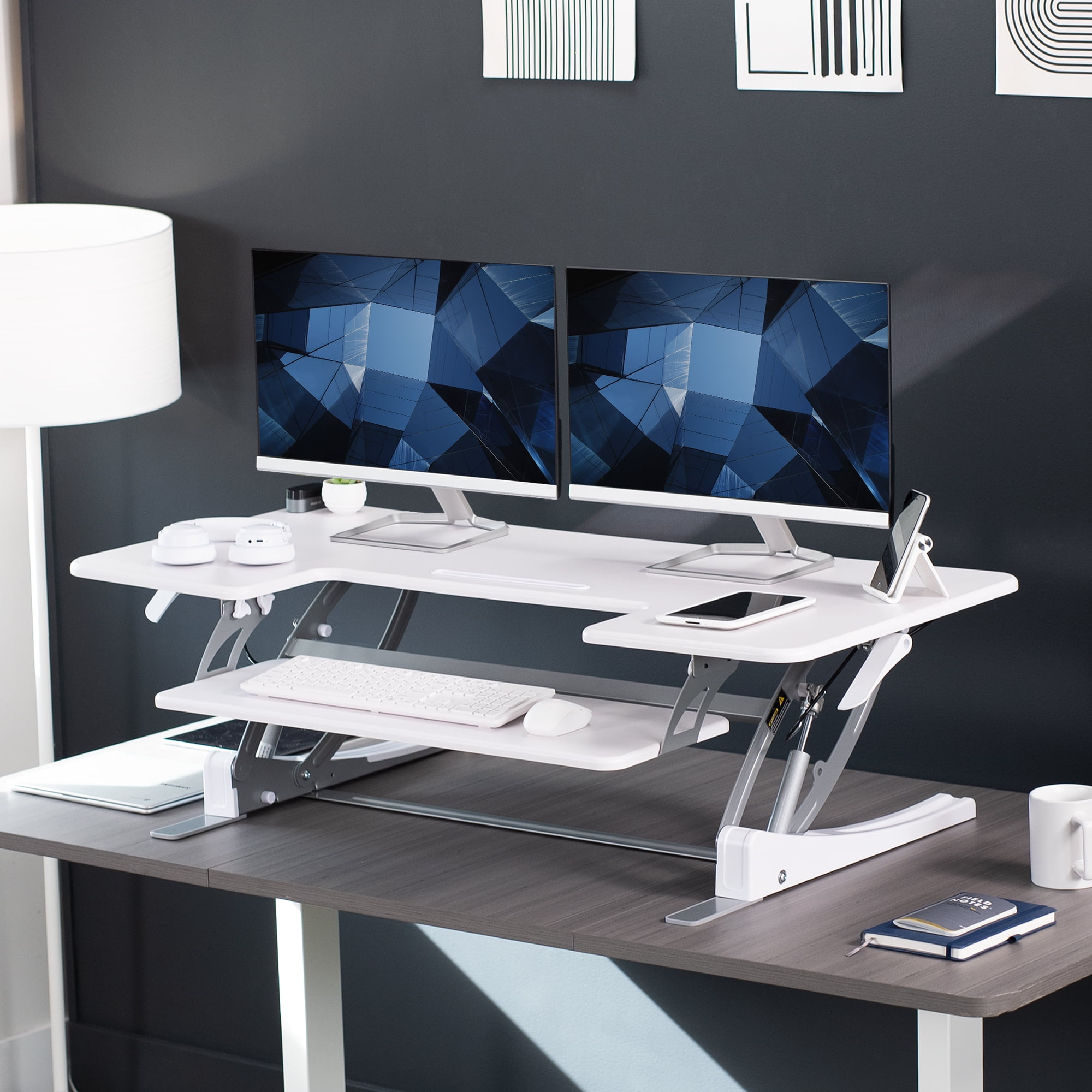VIVO White 48" Height Adjustable Standing Desk Monitor Riser, Sit Stand Tabletop