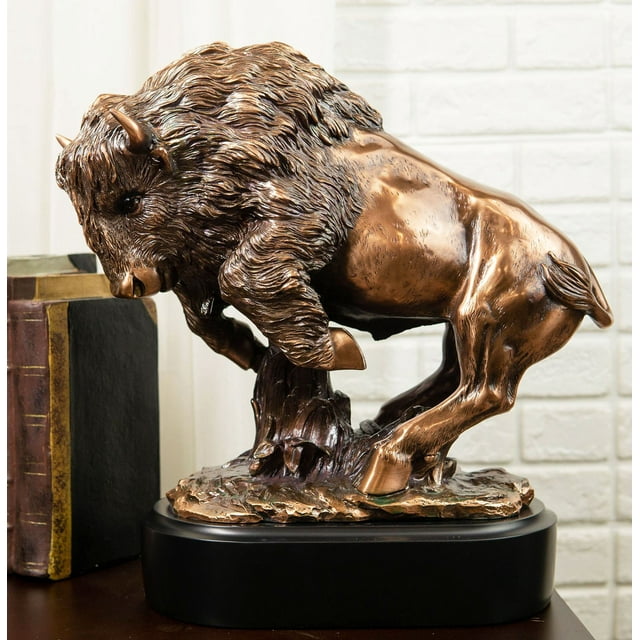 Grande Statue de Bison Rustique Western en Charge Fâchée, Fini Bronze Électroplacé