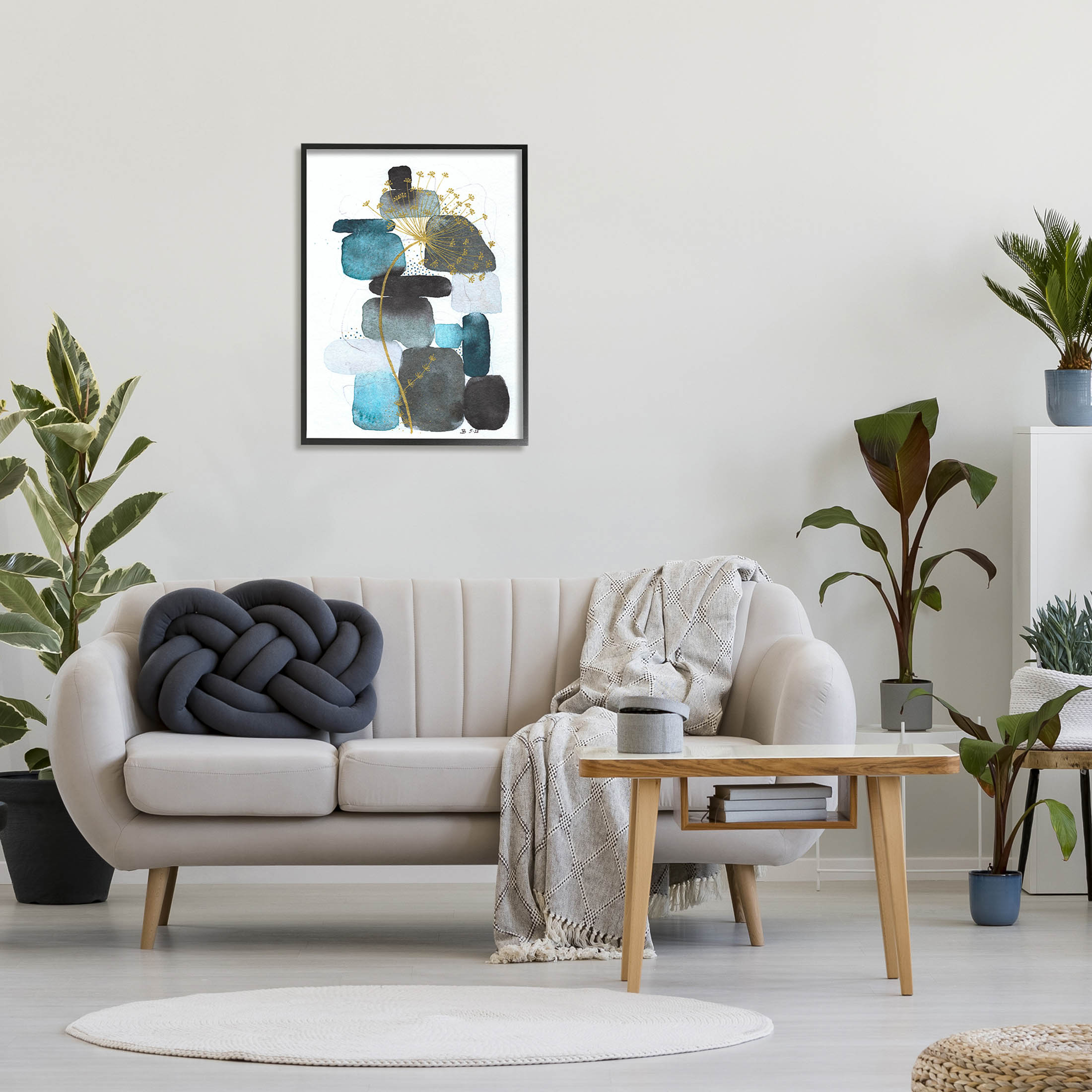Blue Nature Rocks Dandelion Abstract Graphic Art Black Framed Art Print Wall Art