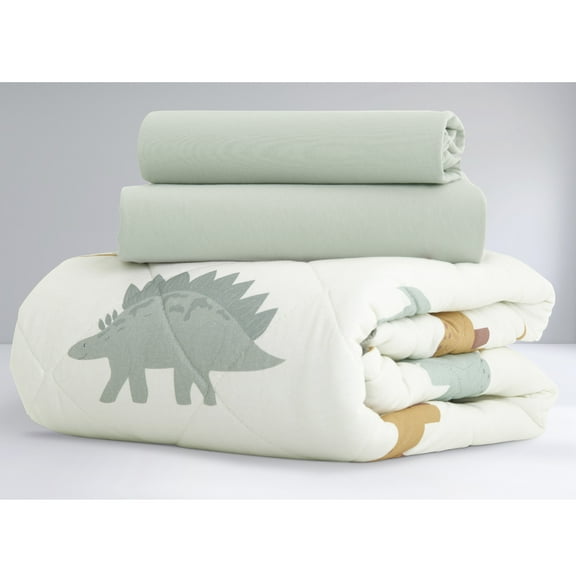 Evolur RawrSome Collection 3pc Toddler Bed Set (Fitted Sheet, Comforter, Pillow Case) in Sage Green & Dinosaur Print