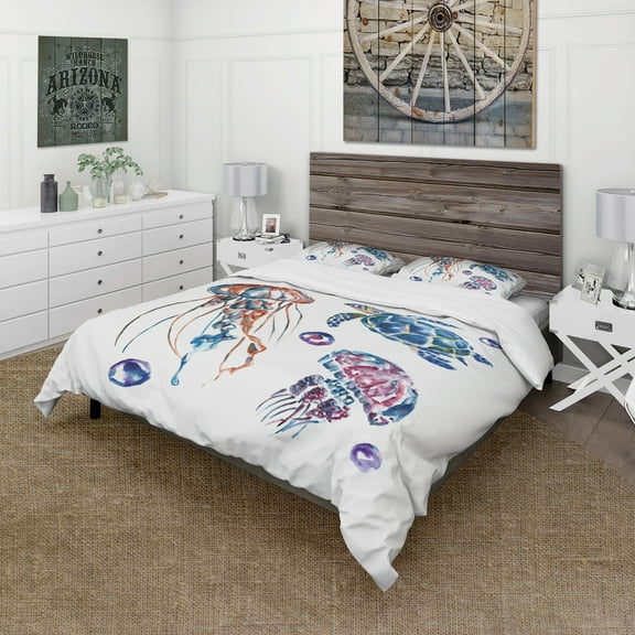 Designart 'Colorful Jellyfish and Turtles' Animal Duvet Cover Set