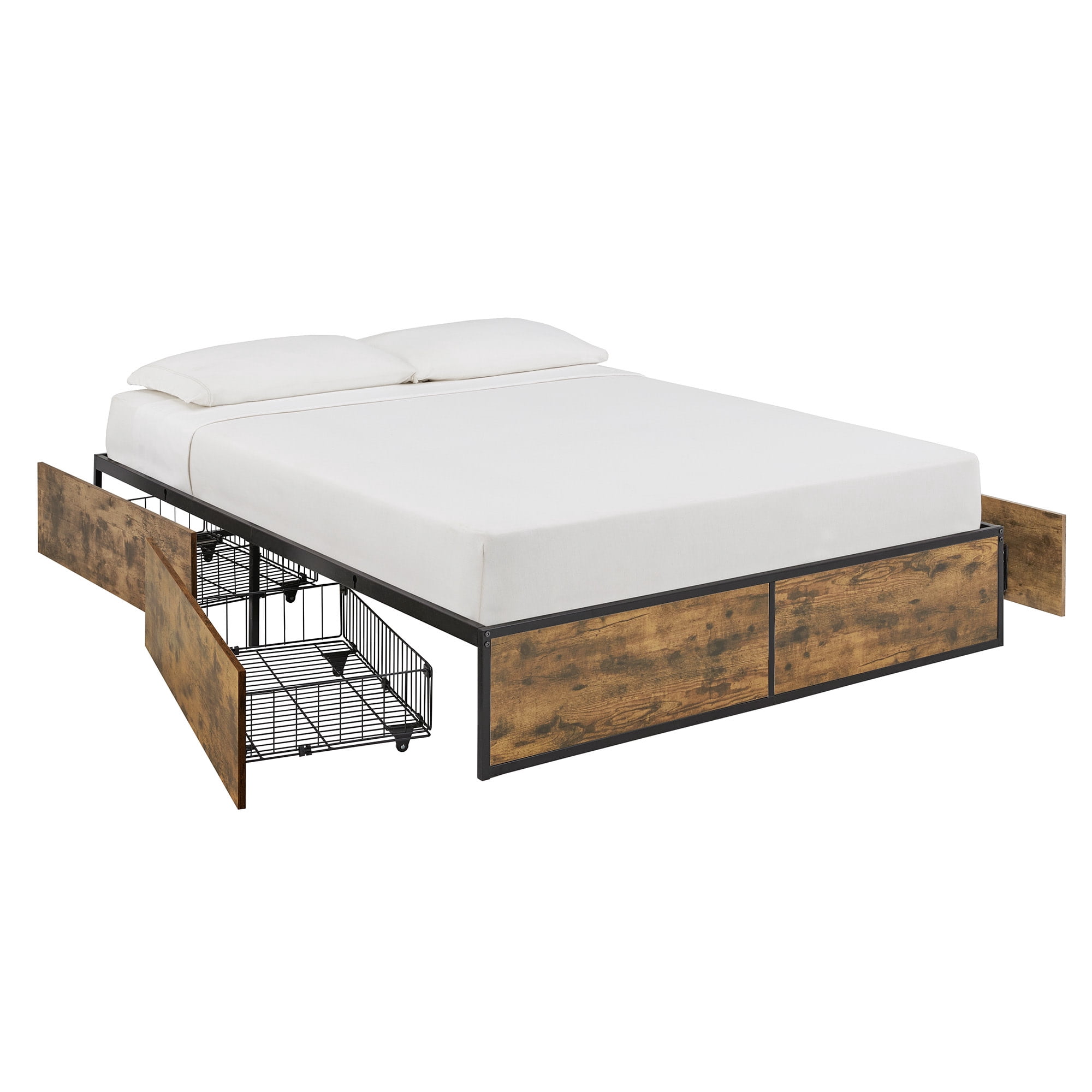Weston Home Utica Wood Finish Panel Black Metal Platform Bed with Storage Drawers, Queen Size