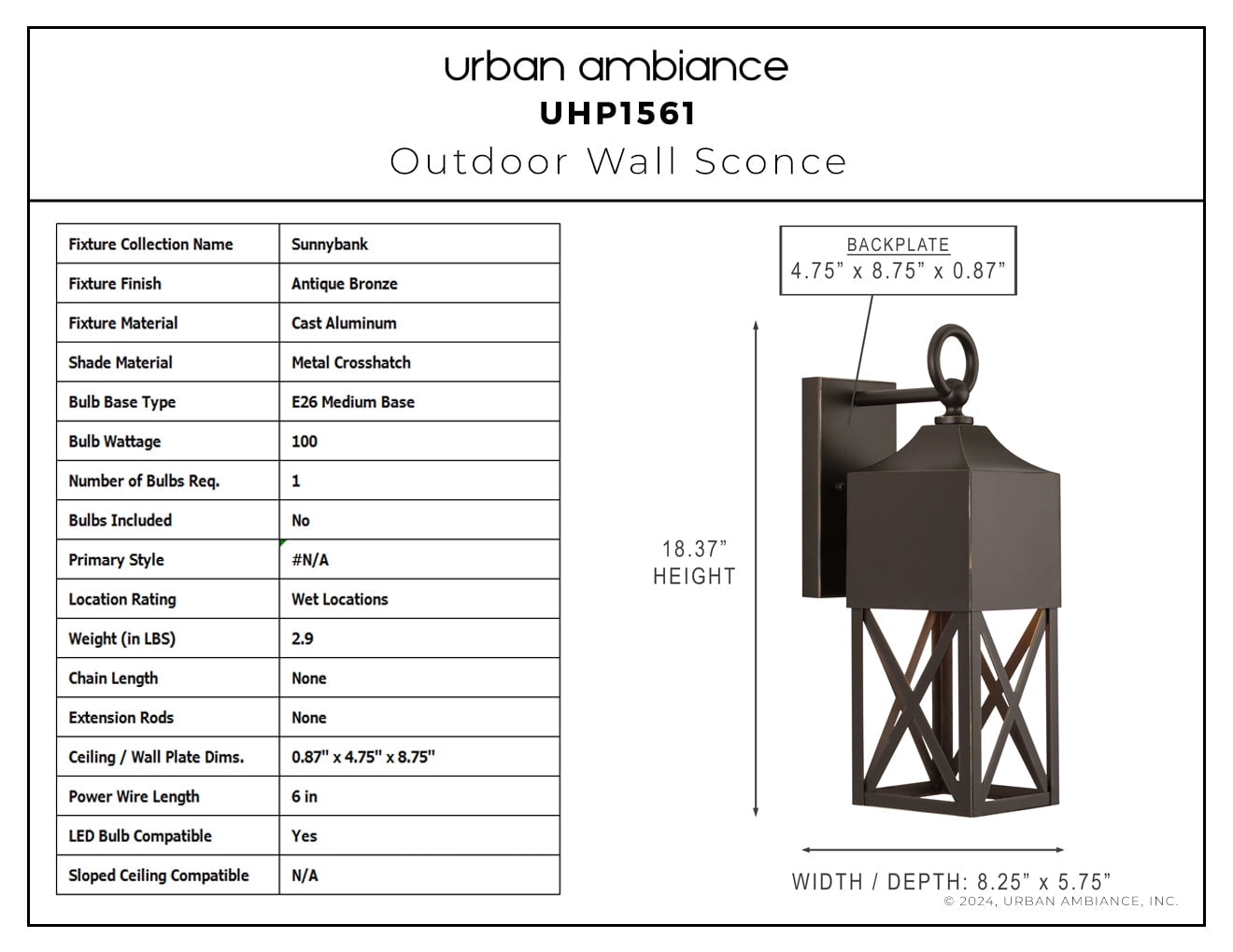 Luxury Modern Farmhouse Wall Sconce, Small Size: 18.375''H x 8.25''W, with Modern Rustic Style Elements, Antique Bronze Finish, UHP1561 from the Sunnybank Collection by Urban Ambiance