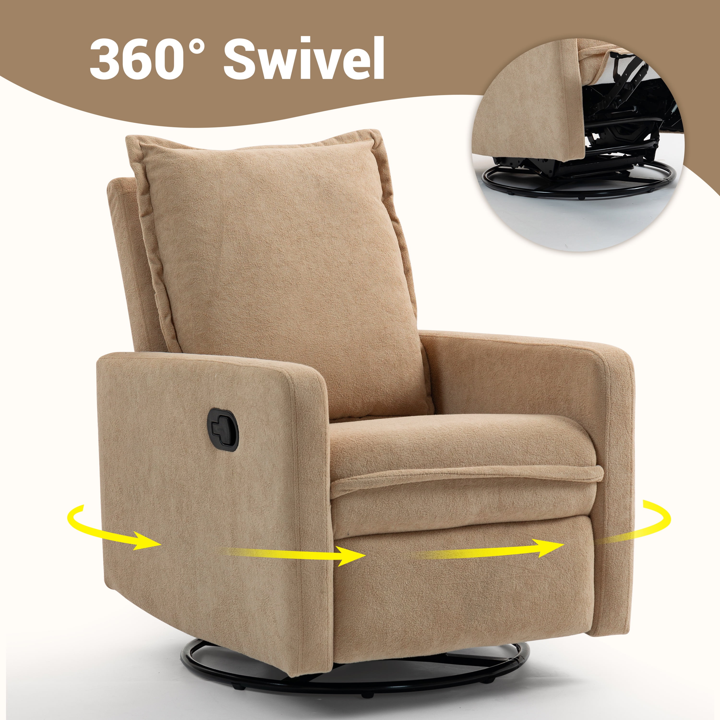 Paproos Swivel Rocker Recliner, Velvet 360°Swivel Rocking Recliner, Glider Rocking Chair for Nursery, Small Rocker Chair for Small Space, Manual Recliner for Adults for Home Theater, Camel