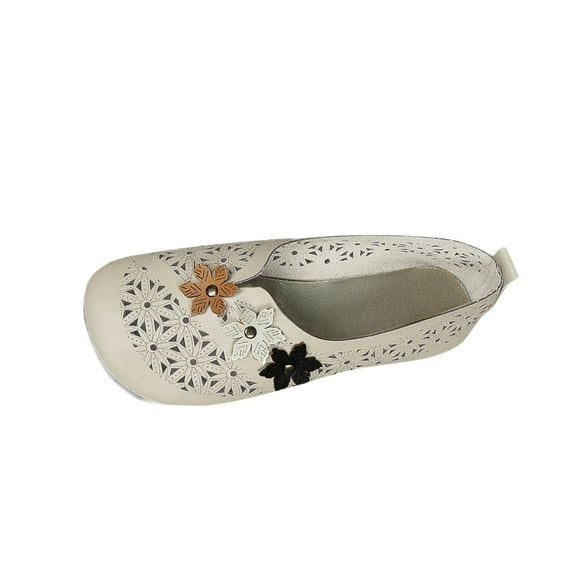 Women Ethnic Style Loafer Shoes Slip On Soft Walking Flat Shoe Summer Casual Hollow Floral EmbellishedSandals Breathable Shallow Flats White Women Sandal