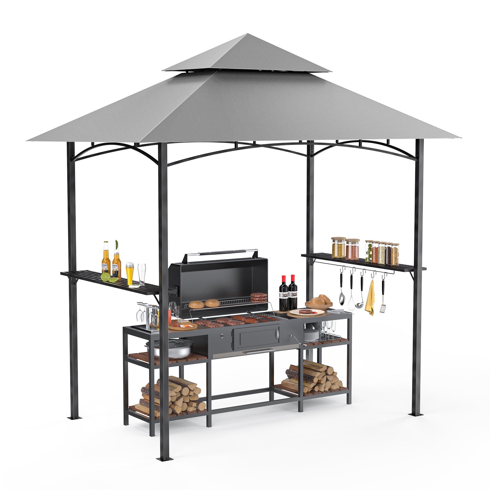 GVDV 8'x 5' Grill Gazebo Canopy, Outdoor BBQ Gazebo Shelter with 2 Side Shelves & Double-Tiered Top