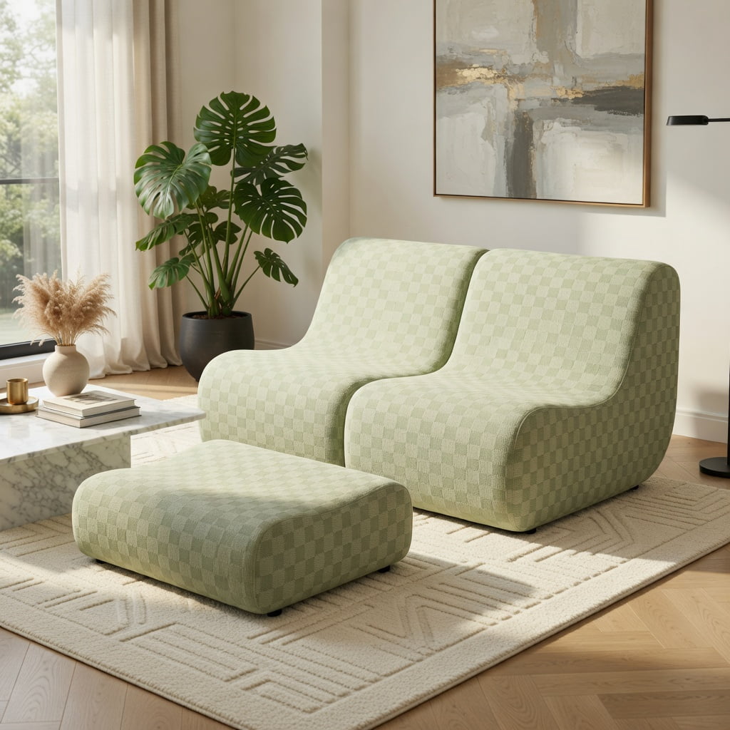 Hommoo Teddy Velvet Bean Bag Chair Set with Ottoman, High-Rebound Foam, Machine-Washable Cover, Non-Slip Base, No Assembly Needed, Green