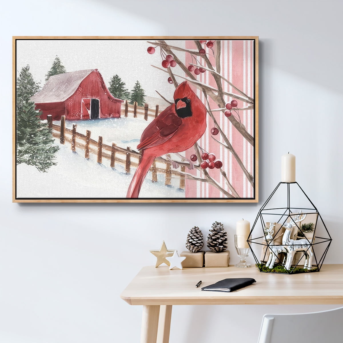Winter Cardinal Collection A - Framed Gallery Wrapped Holiday Canvas - 25 x 37 - Natural Wood Frame
