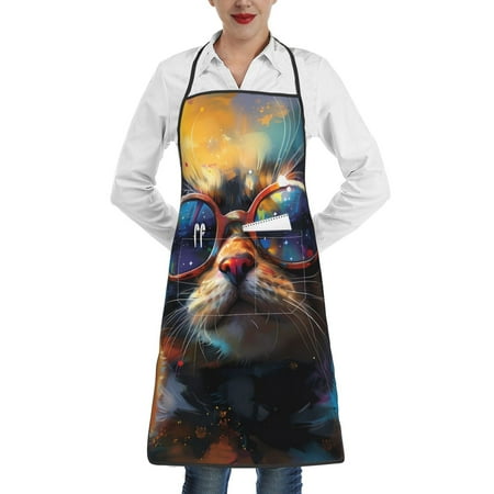 

Gaeub Cool Cat With Sunglasses Kitchen Cooking Aprons Adjustable Bib Apron Waterdrop and Oil Resistant Kitchen Chef Apron for Women Men