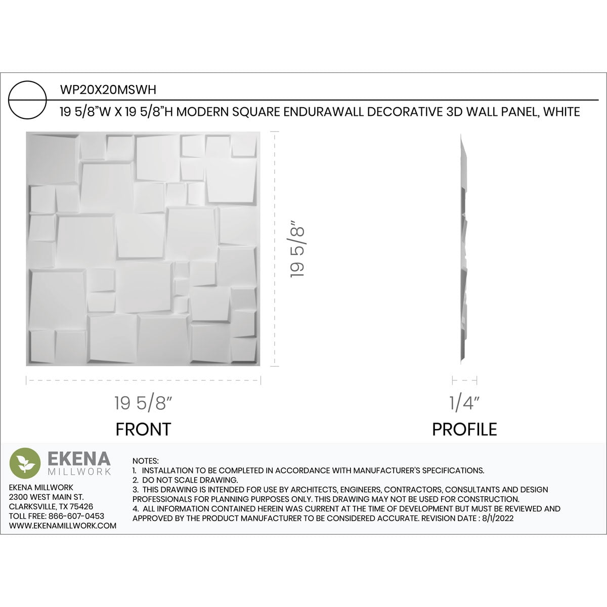 Ekena Millwork 19 5/8"W x 19 5/8"H Modern Square EnduraWall Decorative 3D Wall Panel (12-Pack for 32.1 Sq. Ft.)