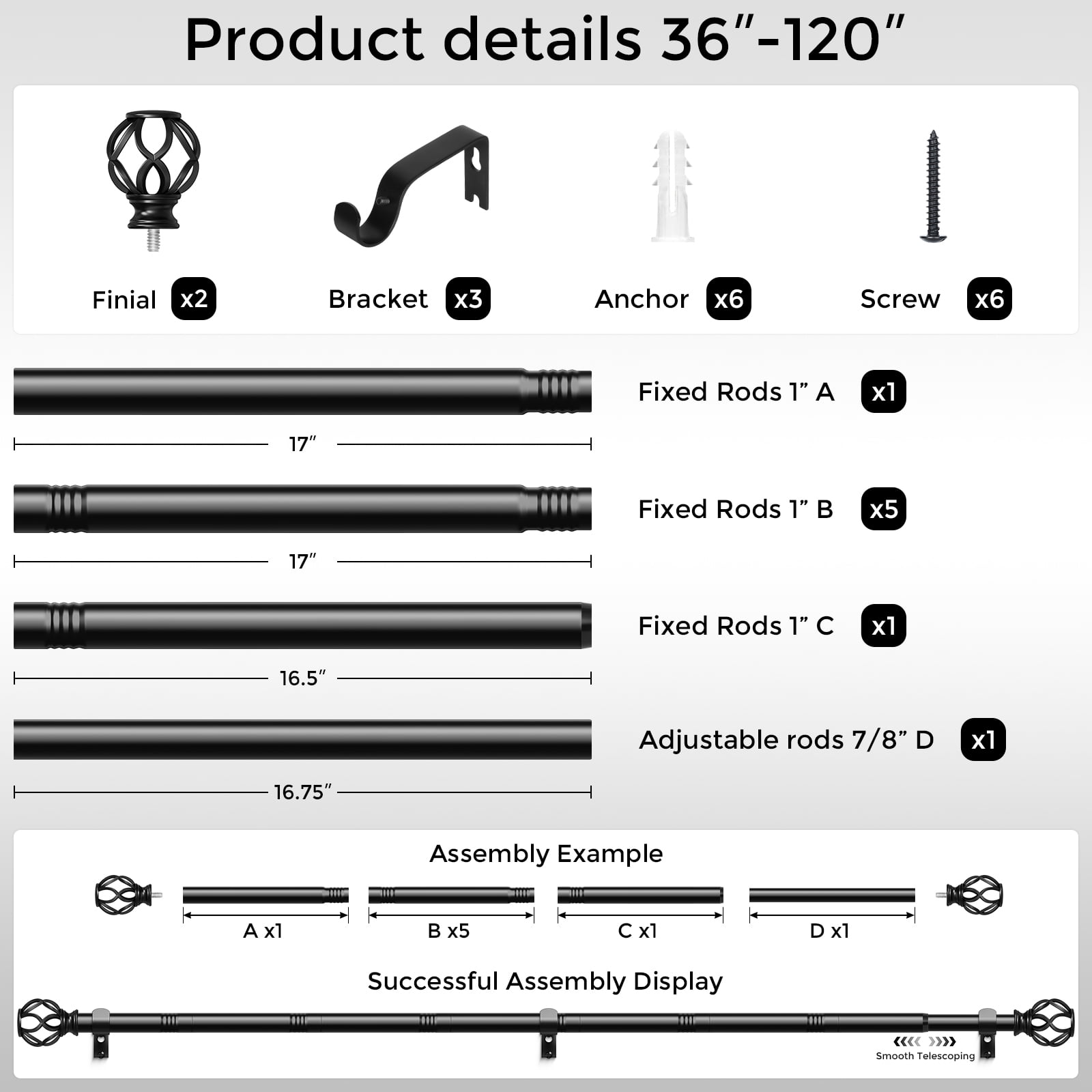 OLV 1" Black Twist Cage Adjustable Single Curtain Rod Set for Windows,36-120"