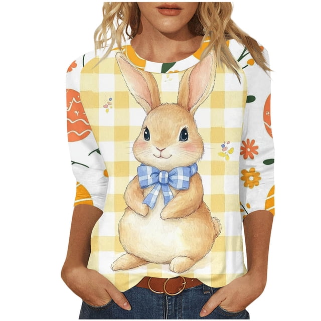 ZVAVZ Hauts à Manches 3/4 pour Femmes pour Pâques, Mode Rétro pour Femmes, T-Shirts à Col Rond Imprimés de Pâques, Vêtements Décontractés Mignons en Liquidation Jaune 2TG