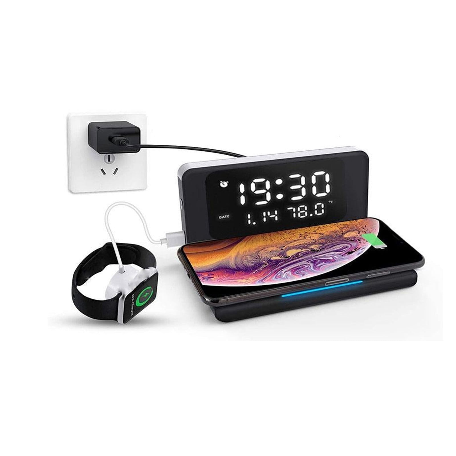 WNFJR Wireless Charging Alarm Clock Electronic Calendar with Charging Pad LED Digital Alarm Clock USB Charging Station Alarm Clock