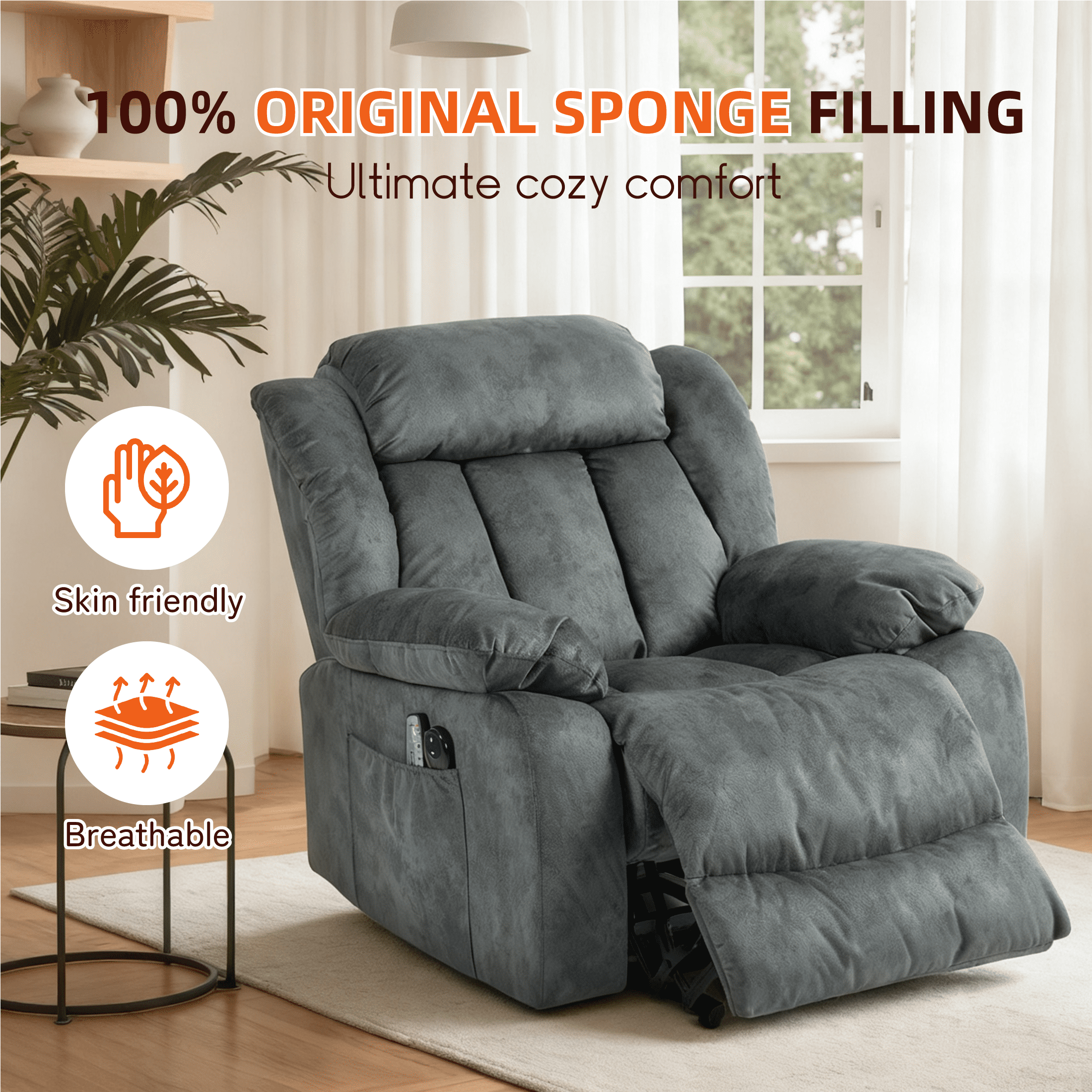 PAPROOS Recliner Chair, Electric Power Lift Recliner with Heat Therapy and Massage Function, Large Size Lift Chair with Remote and Side Pocket, Oversized Power Reclining Sofa, Gray Blue