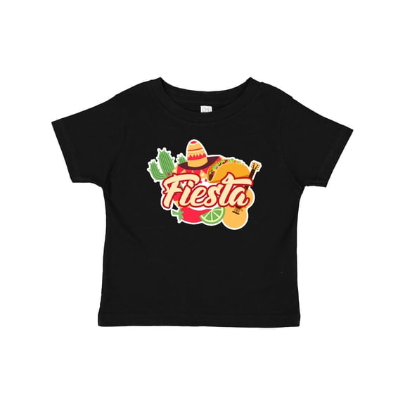 Inktastic Fiesta with Sombrero Taco Cactus Lime Red Pepper and Guitar in Background Boys or Girls Baby T-Shirt