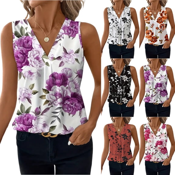 OIOLOYJM Womens Tank Tops Casual Sleeveless Stretch Floral Print Tops Summer Lightweight V Neck T-Shirts Fashion Comfy Shirt Clothes Purple L