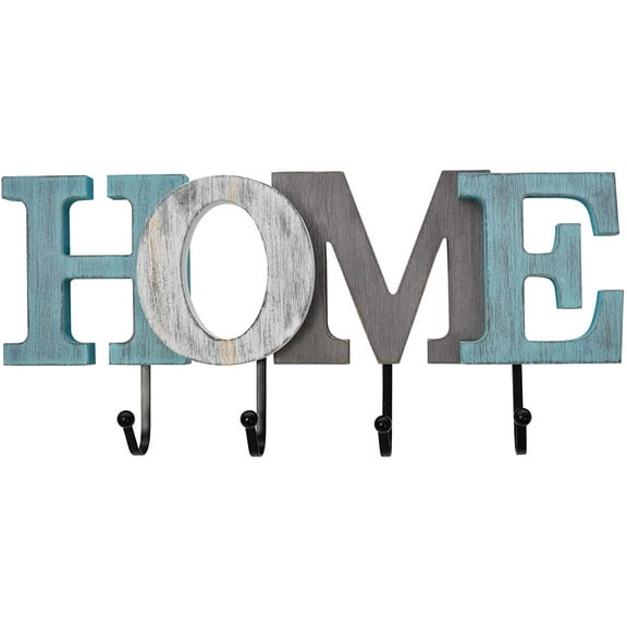 Rustic Wood Home Letter Sign with 4 Hooks Cutout Home Sign Wall Mounted Key Rack Decor