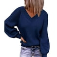 thumbnail image 3 of Suéter de manga larga para mujer, informal, suelto, con cuello en V, mangas de burbujas de color puro, suéter de punto para otoño e invierno, azul marino M, 3 of 6