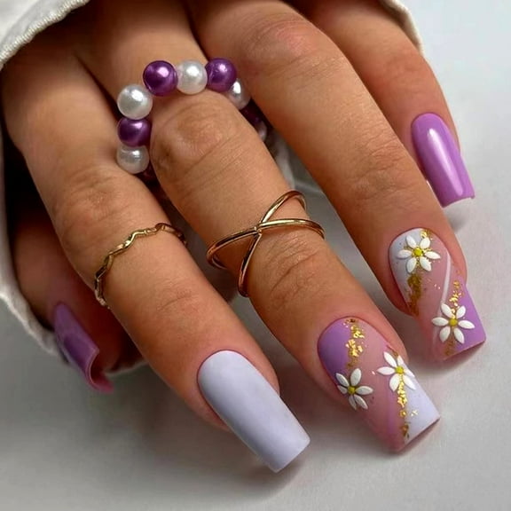 Purple Press on Nails Medium Square Fake Nails White Flowers Designs With Gold Foil False Nails Full Cover Stick on Nails Acrylic Artificial Nails for Women Girls Glue on Nails Supplies 24Pcs