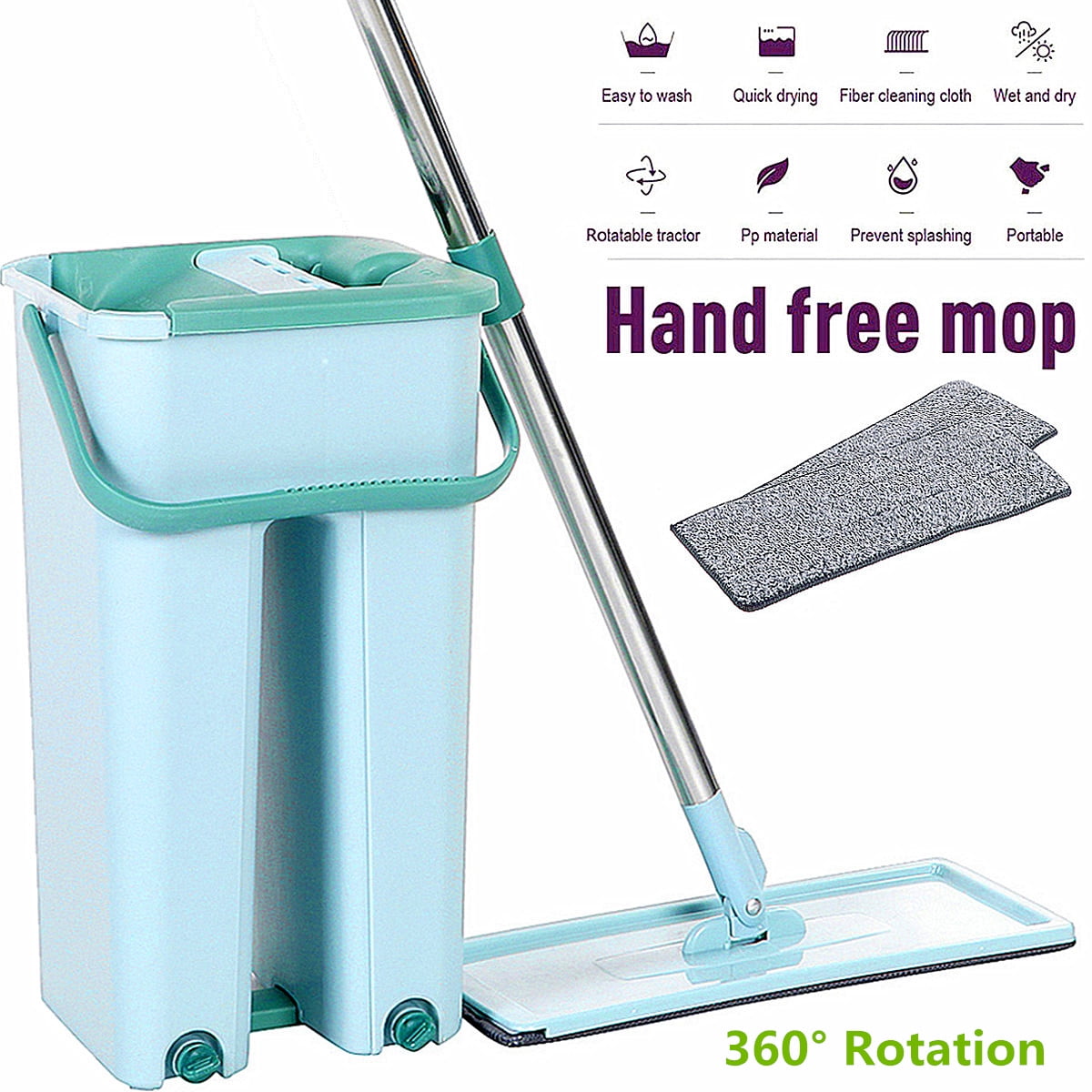 Self Cleaning Drying Mop Bucket System Set Microfiber Cloth 360°Flat Floor Mop 