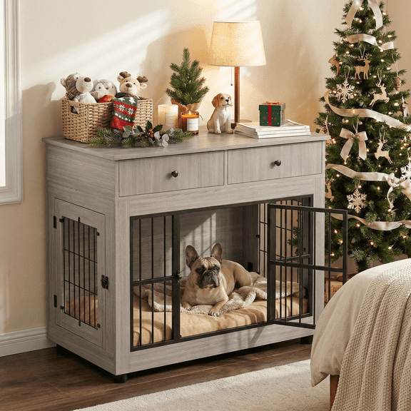 Flictozena 40" Dog Crate Furniture, Pet Cage with 2 Storage Drawers, Wooden Large Dog Kennel, Gray