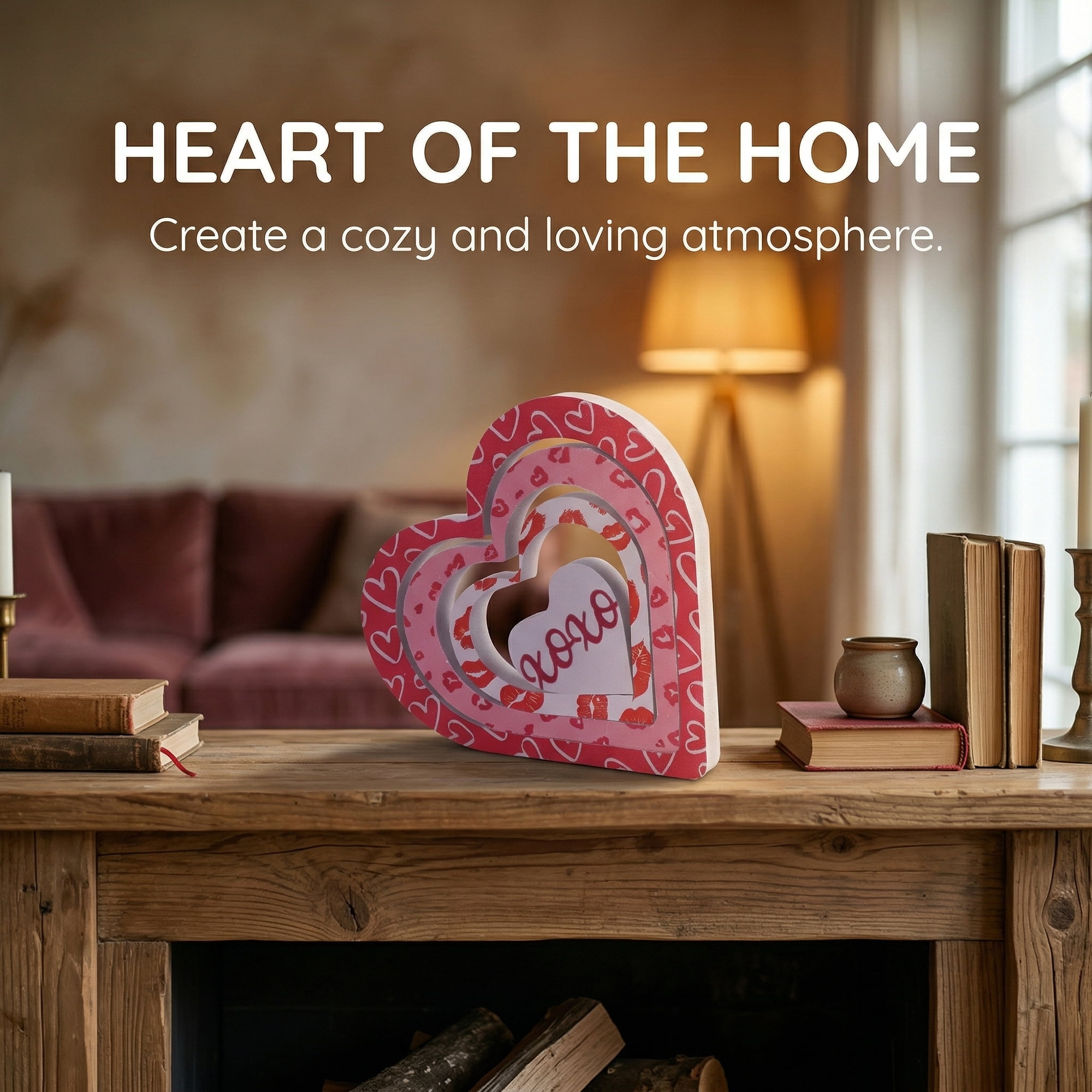 Unique Bargains Wooden Heart Table Decor Removable Stackable Heart Sign Style B 5.1in