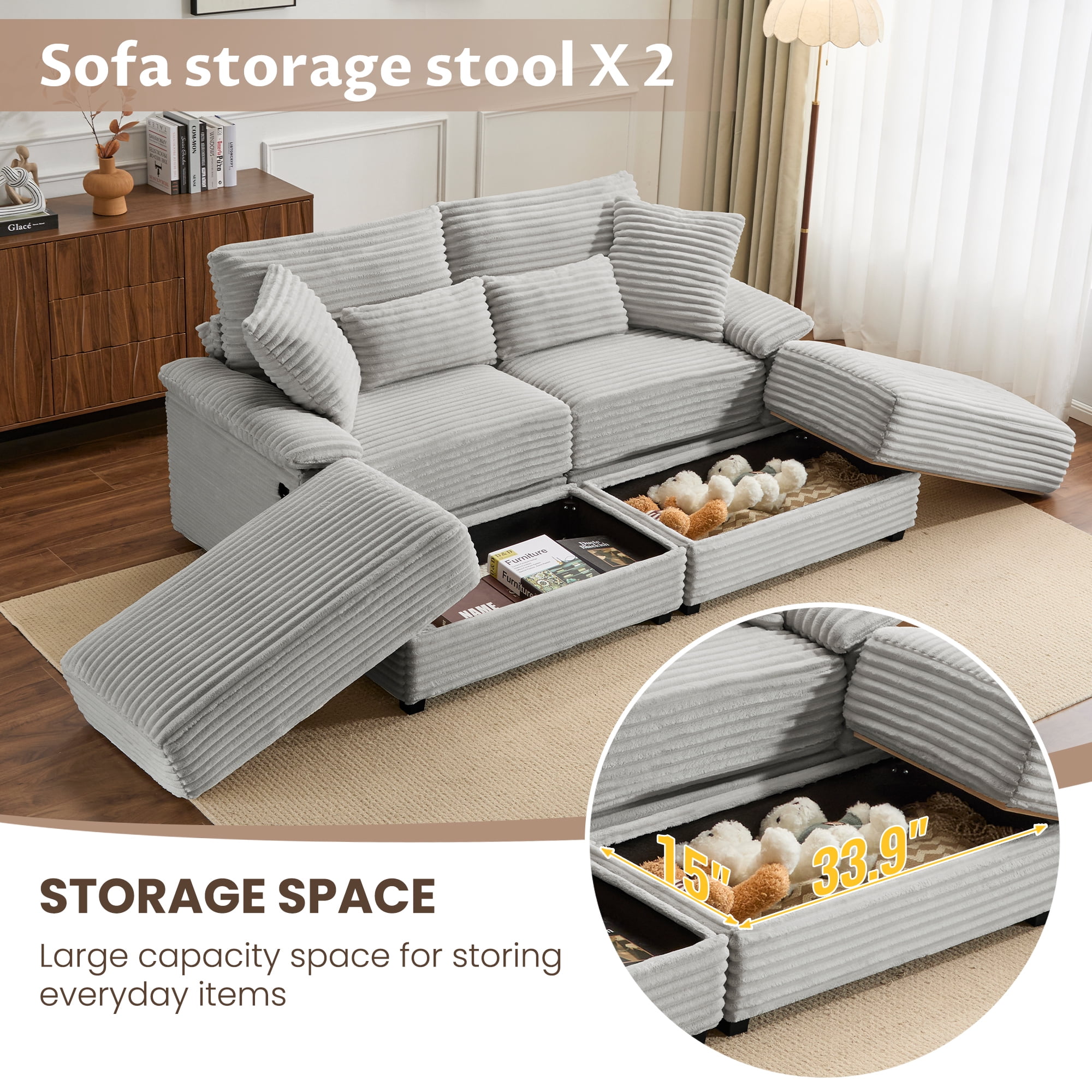 Alvantor 74" Sofa Loveseat with Reversible Ottoman & USB Port Corduroy Chaise Couch for Living Room Gray
