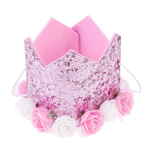 KAKOWELY 1 gorro de cumpleaños infantil con corona de flores y lentejuelas para decoración de fiesta (gorro rosa)